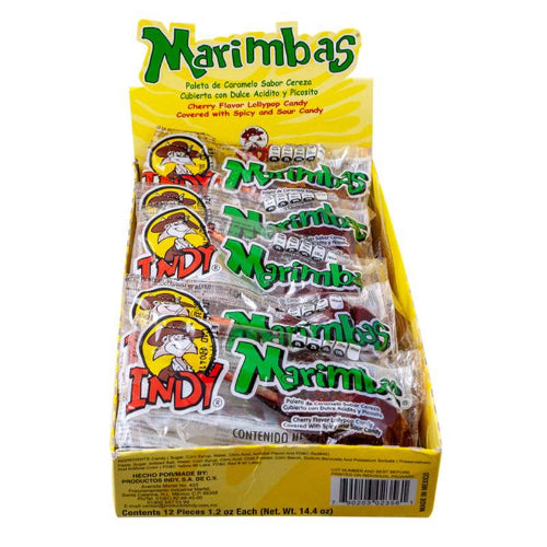 Pack of Marimbas candy packages with yellow packaging and colorful labels.