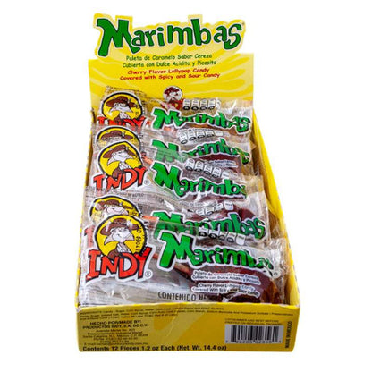 Pack of Marimbas candy packages with yellow packaging and colorful labels.