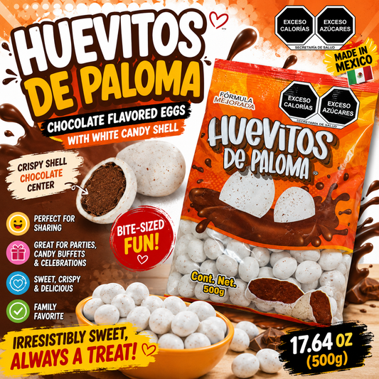 Huevitos de Paloma – Chocolate Flavored Eggs with White Candy Shell (17.64 oz / 500 g)