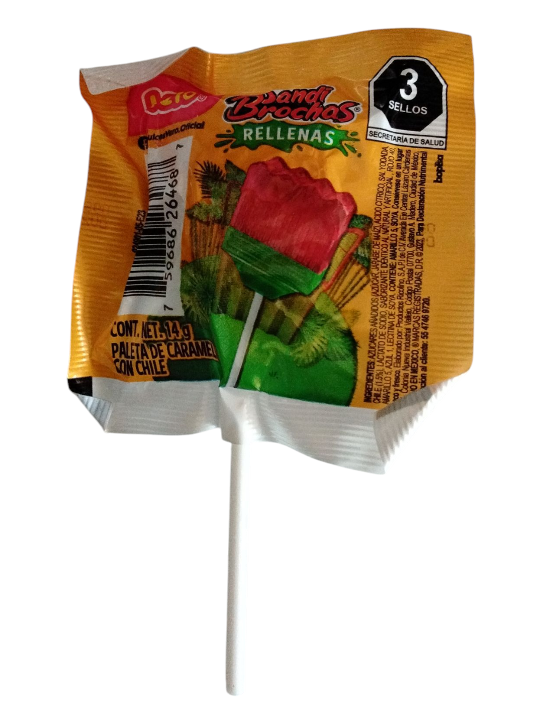 Vero Sandi Brochas Rellenas 24 pieces  Net Weight 1.LB 3-oz Mexican candy lollipops chili