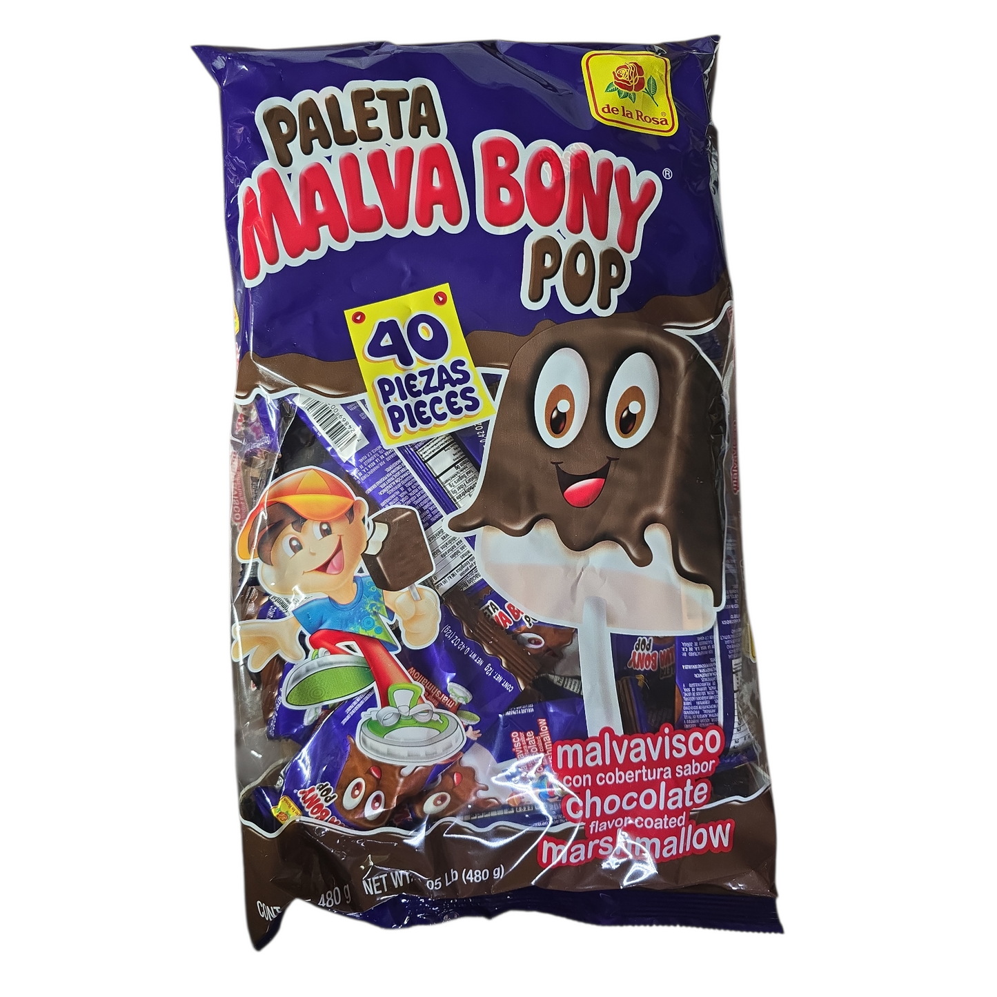 De la Rosa Paleta Malva Bony pop marshmallow covered with chocolate 40 pieces net wt 1lb 05-oz