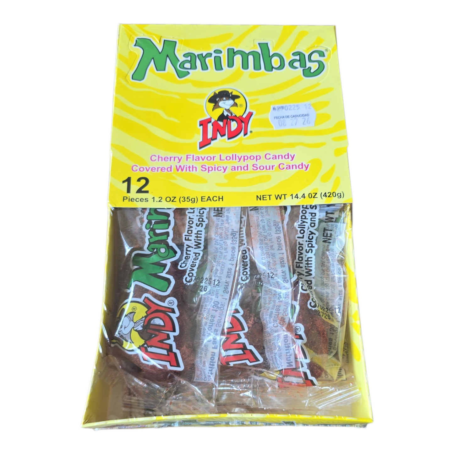 Indy Marimbas Cherry flavor lollypop candy covered with spicy and sour candy 12-pc Net Wt. 14.4-oz