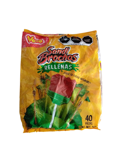 Vero Sandi Brochas Rellenas 24 pieces  Net Weight 1.LB 3-oz Mexican candy lollipops chili